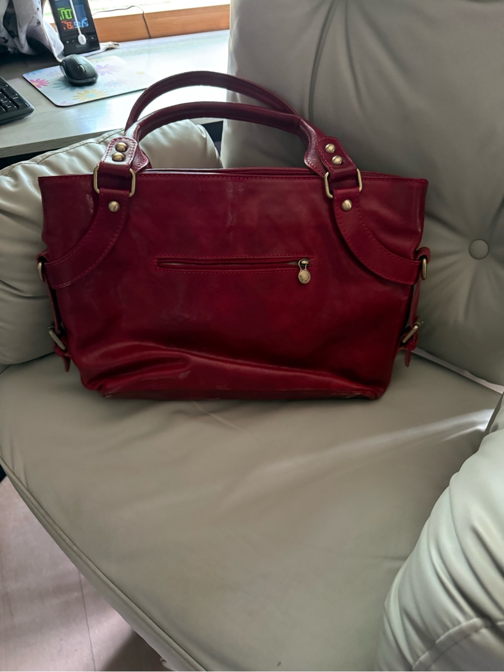 Classic Red Leather Tote Bag with Brass Accents